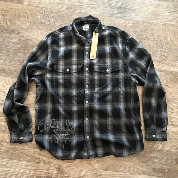 NWT Ksubi Consciousness Plaid Print Flannel Shirt Men's Size XL Ombre Gray Black - Picture 15 of 16